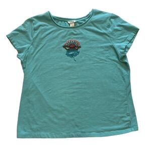 Christopher & Banks Aqua Blue Cotton Short Sleeve T-Shirt Beaded Lotus Flower XL